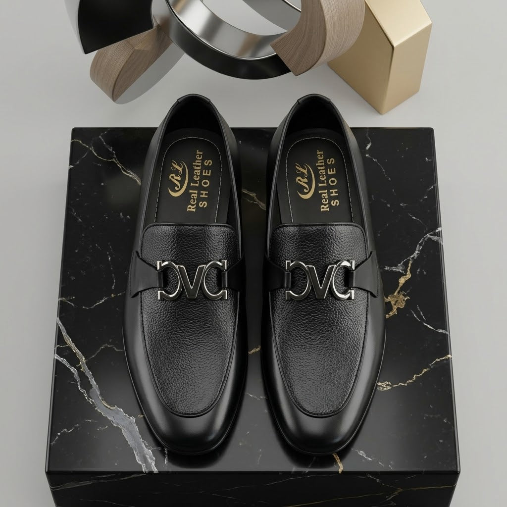 Men’s Real Leather Black Textured Loafers – Silver Buckle Formal Shoes