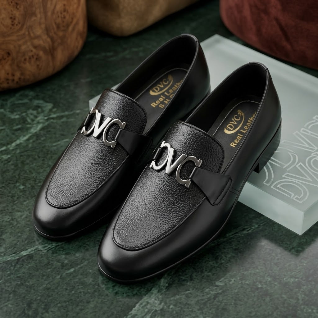 Men’s Real Leather Black Textured Loafers – Silver Buckle Formal Shoes