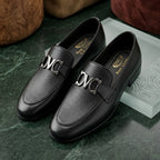 Men’s Real Leather Black Textured Loafers – Silver Buckle Formal Shoes