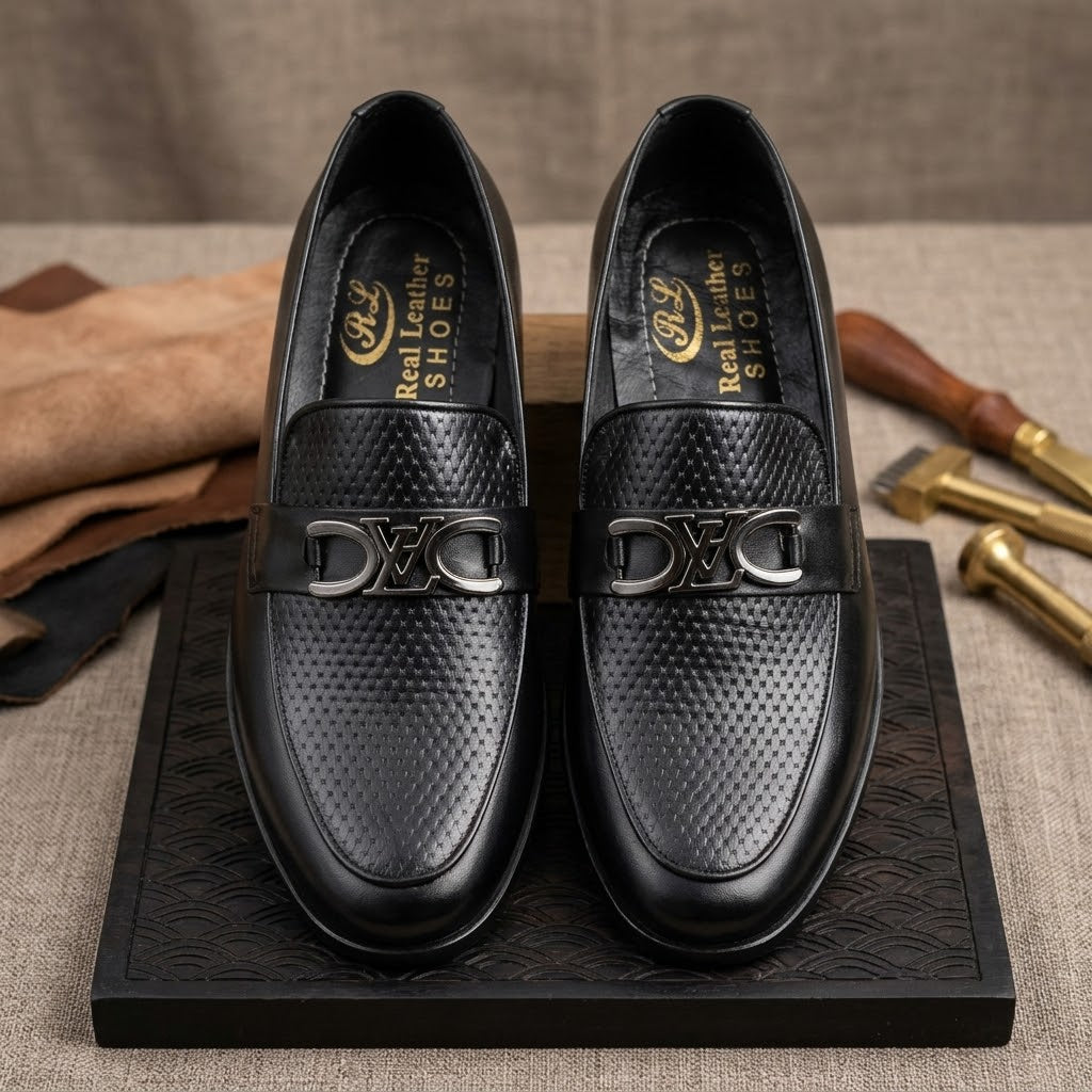 Genuine Leather Crosshatch Texture Slip-On Loafers for Men
