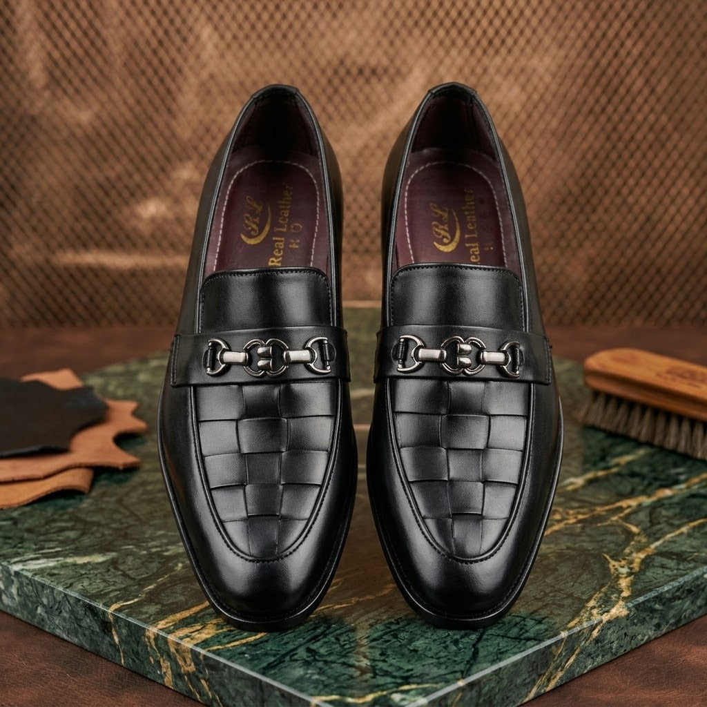 Men’s Real Leather Black Woven Loafers – Gunmetal Buckle Formal Shoes