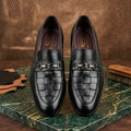 Men’s Real Leather Black Woven Loafers – Gunmetal Buckle Formal Shoes