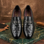 Men’s Real Leather Black Woven Loafers – Gunmetal Buckle Formal Shoes