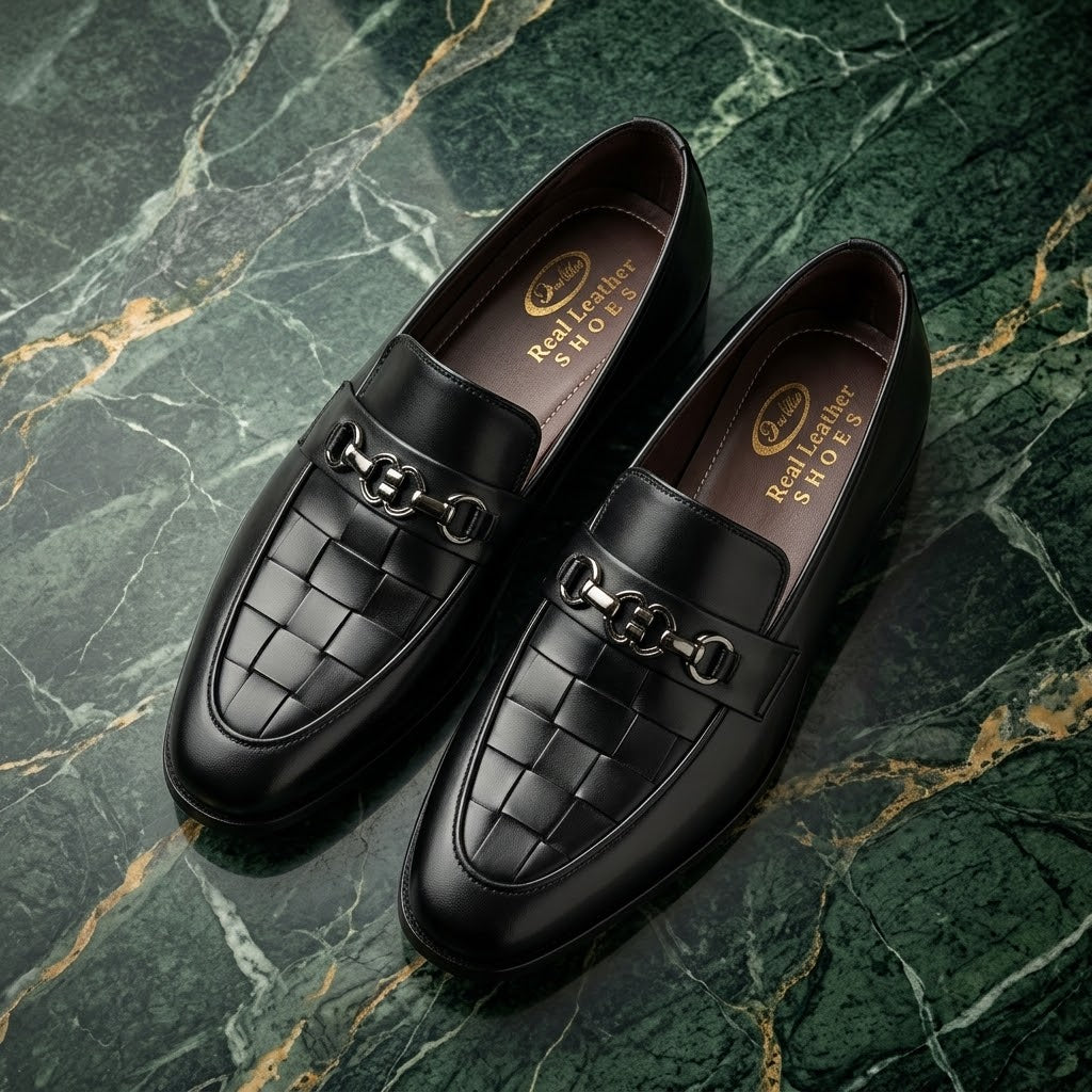 Men’s Real Leather Black Woven Loafers – Gunmetal Buckle Formal Shoes