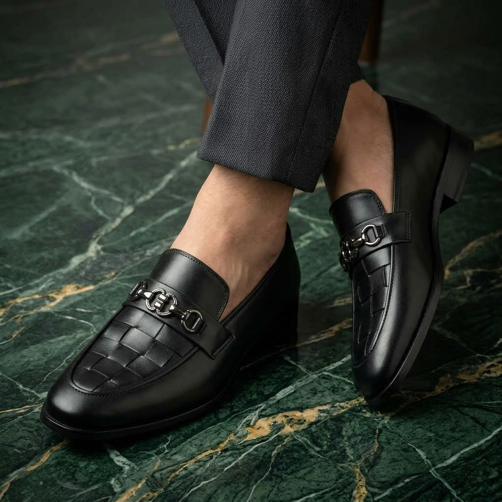 Men’s Real Leather Black Woven Loafers – Gunmetal Buckle Formal Shoes