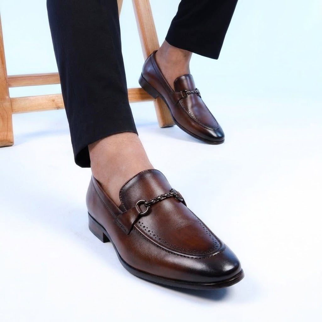 Men’s Real Leather Brown Horsebit Loafers – Formal Dress Shoes