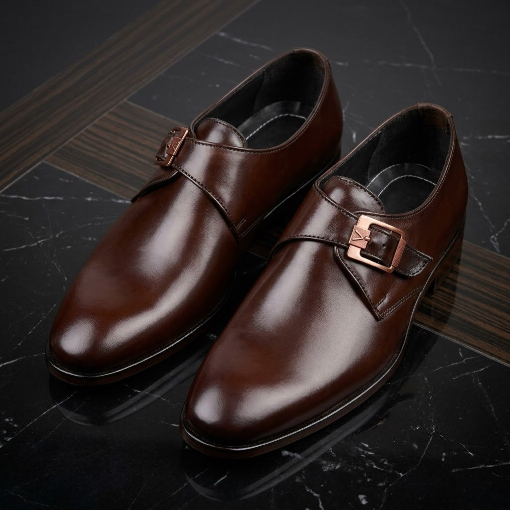 Men’s Real Leather Single Monk Strap Shoes – Brown Formal Dress Shoes