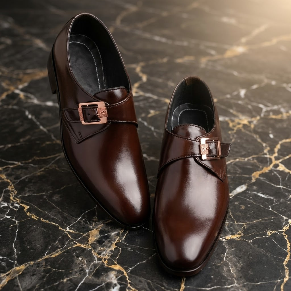 Men’s Real Leather Single Monk Strap Shoes – Brown Formal Dress Shoes