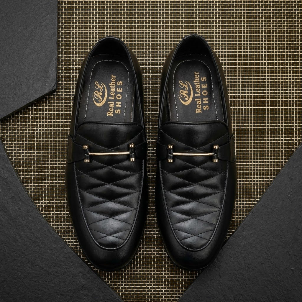 Men’s Real Leather Black Quilted Loafers – Gold Bit Formal Shoes