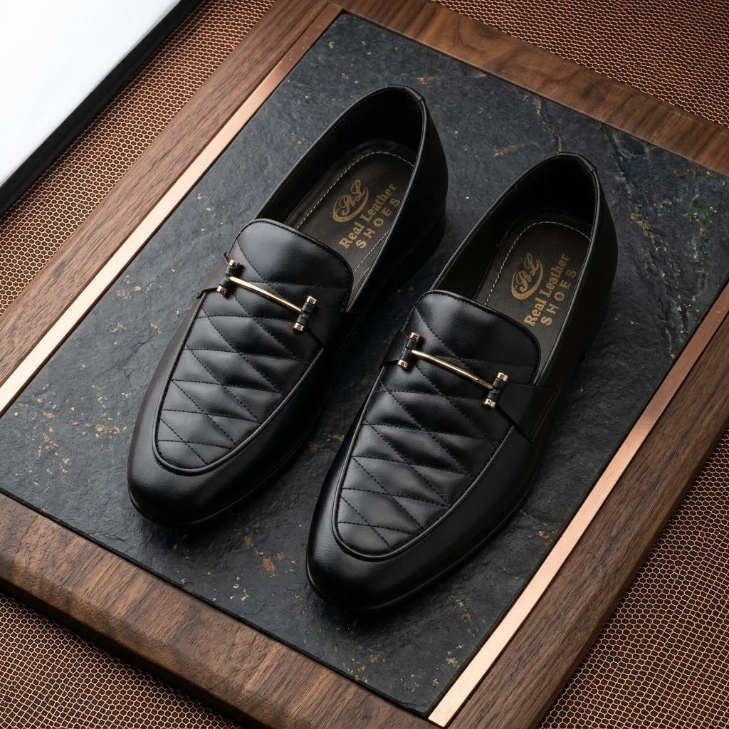 Men’s Real Leather Black Quilted Loafers – Gold Bit Formal Shoes