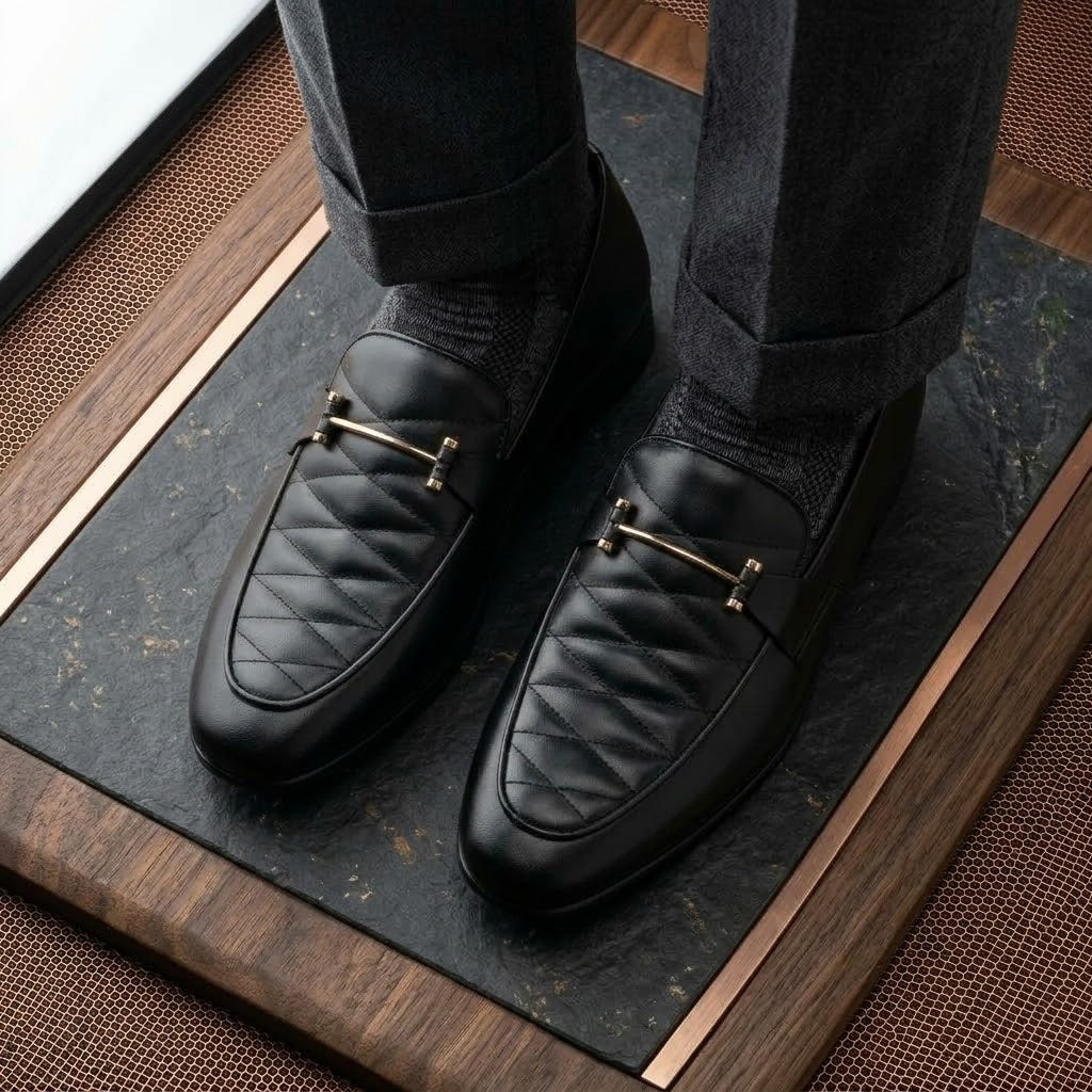 Men’s Real Leather Black Quilted Loafers – Gold Bit Formal Shoes