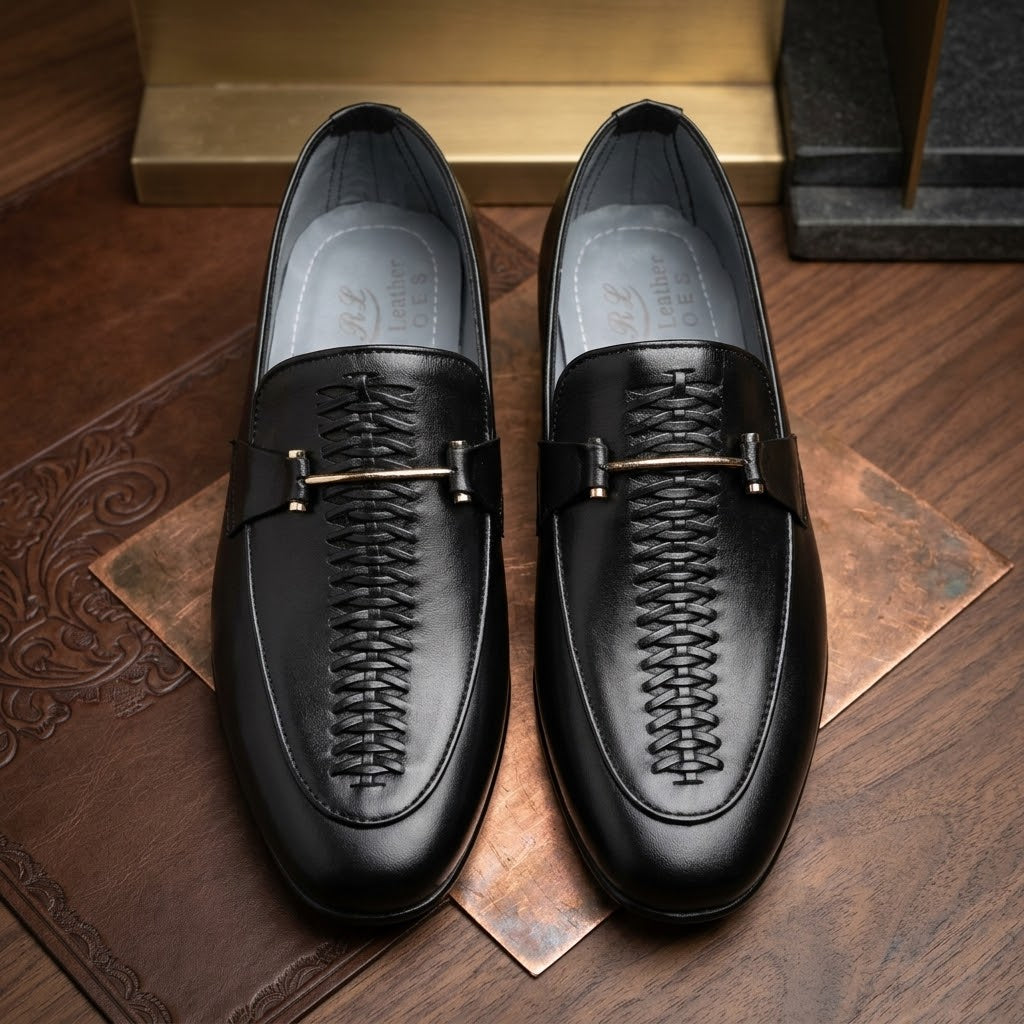 Men’s Real Leather Black Center-Woven Loafers – Gold Bit Formal Shoes