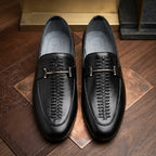 Men’s Real Leather Black Center-Woven Loafers – Gold Bit Formal Shoes