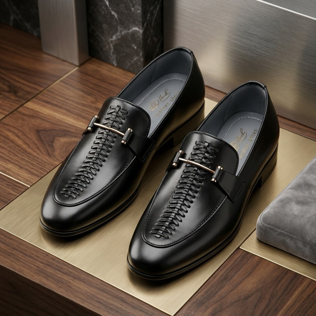 Men’s Real Leather Black Center-Woven Loafers – Gold Bit Formal Shoes