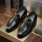 Men’s Real Leather Black Center-Woven Loafers – Gold Bit Formal Shoes