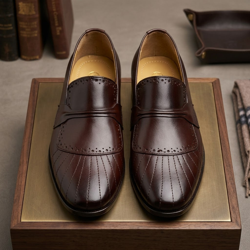 Men’s Real Leather Brown Pleated Loafers – Formal Dress Shoes