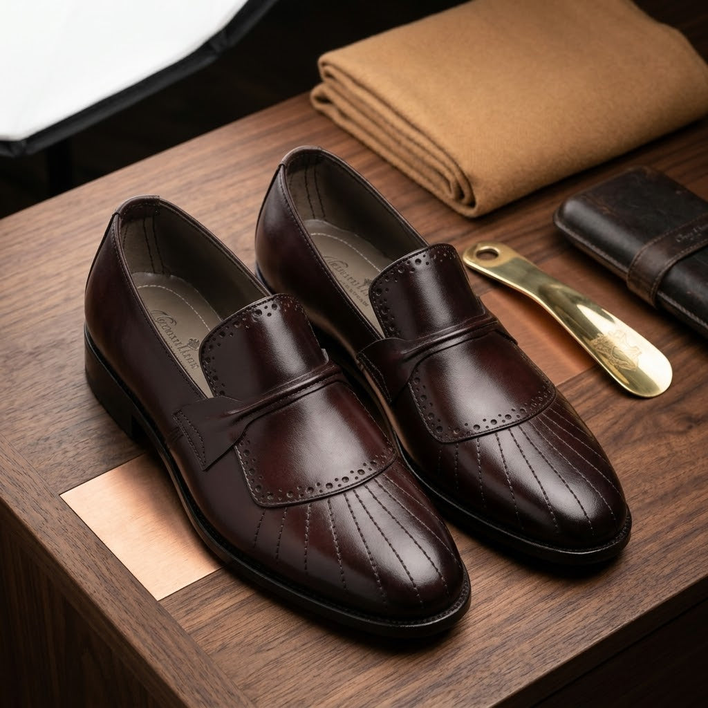 Men’s Real Leather Brown Pleated Loafers – Formal Dress Shoes