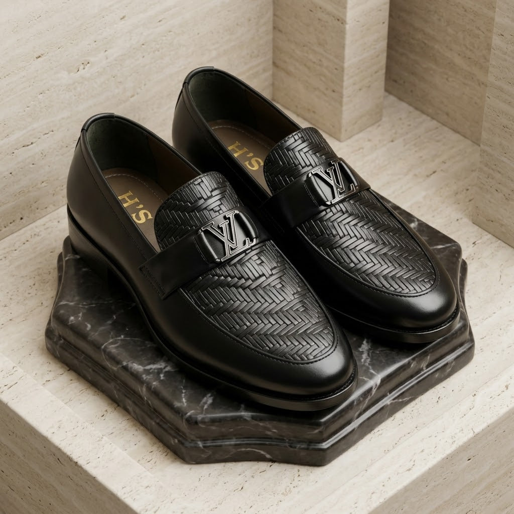 Men’s Real Leather Black Herringbone Woven Loafers – Silver Buckle Shoes