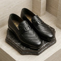 Men’s Real Leather Black Herringbone Woven Loafers – Silver Buckle Shoes