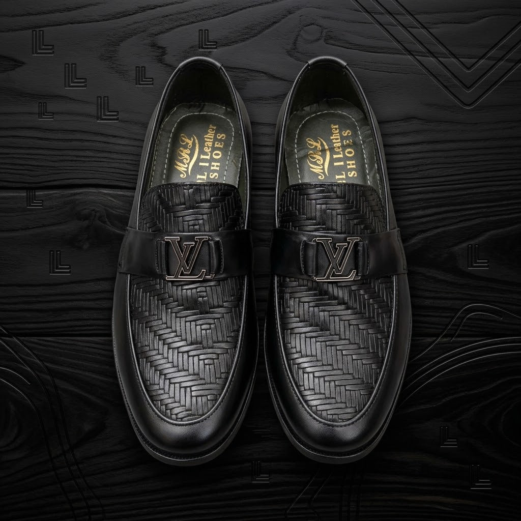 Men’s Real Leather Black Herringbone Woven Loafers – Silver Buckle Shoes