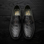 Men’s Real Leather Black Herringbone Woven Loafers – Silver Buckle Shoes