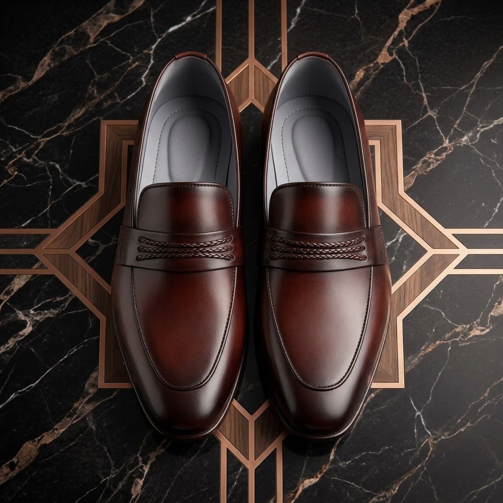 Men’s Real Leather Brown Braided Strap Loafers – Formal Dress Shoes
