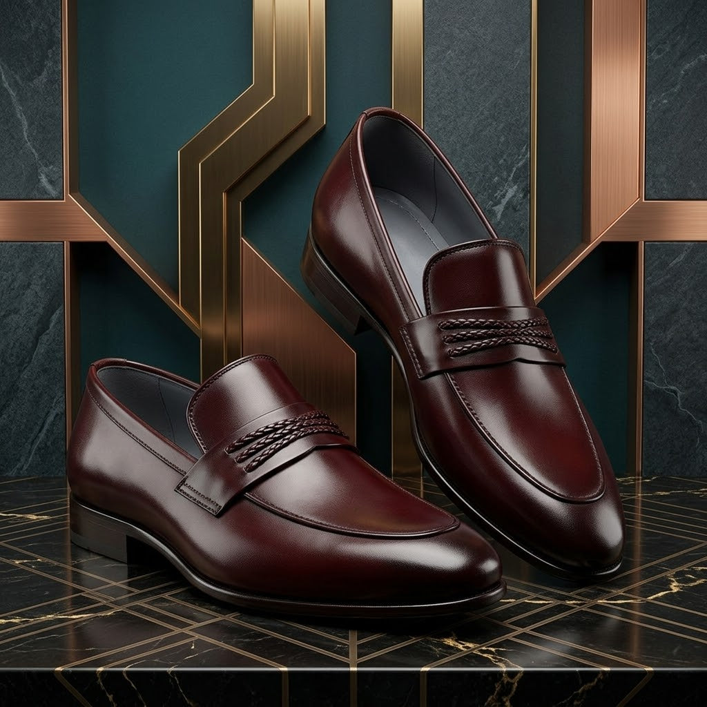 Men’s Real Leather Brown Braided Strap Loafers – Formal Dress Shoes