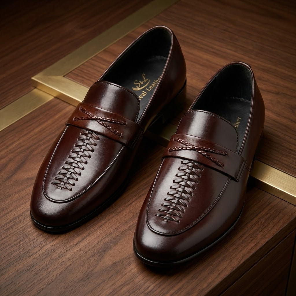 Men’s Real Leather Brown Center-Woven Loafers – Braided Strap Formal Shoes