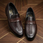 Men’s Real Leather Brown Center-Woven Loafers – Braided Strap Formal Shoes