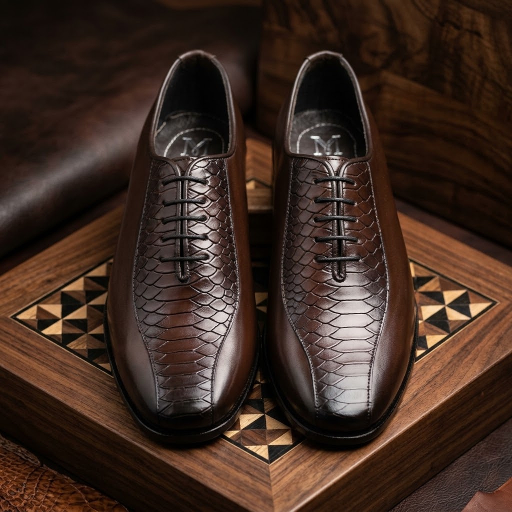 Men’s Real Leather Brown Textured Oxfords – Scale Pattern Formal Shoes