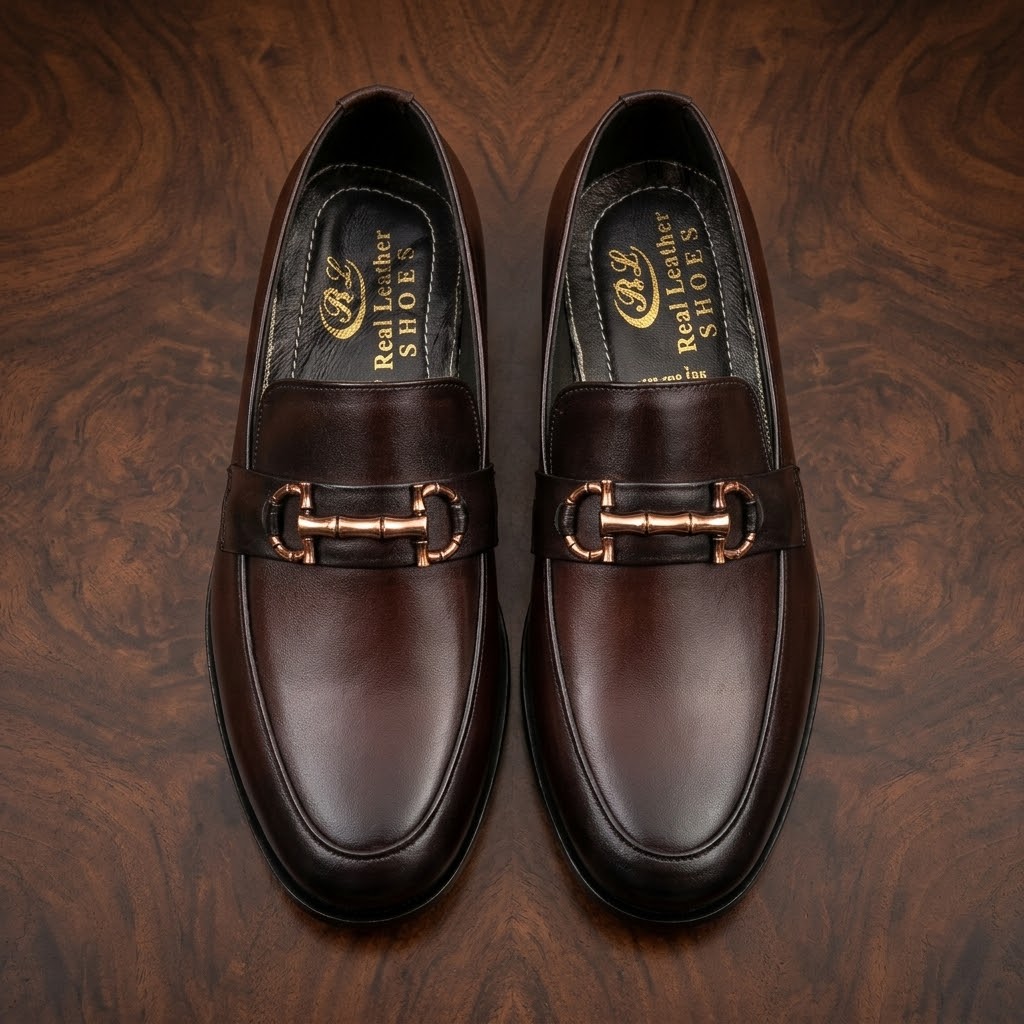 Genuine Leather Rose Gold Buckle Loafers for Men